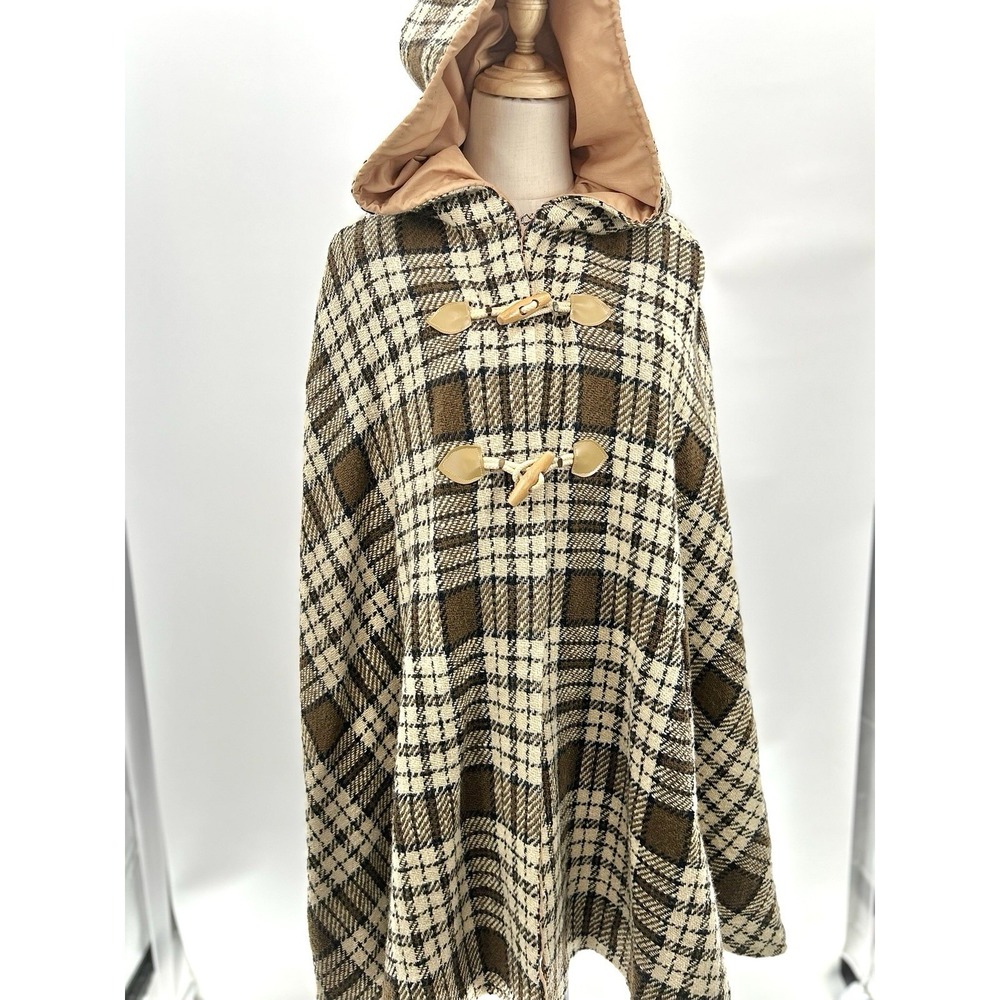 Vintage Wool Tan Tartan Plaid Hooded Cape Coat Riding Cloak Purple Lining
